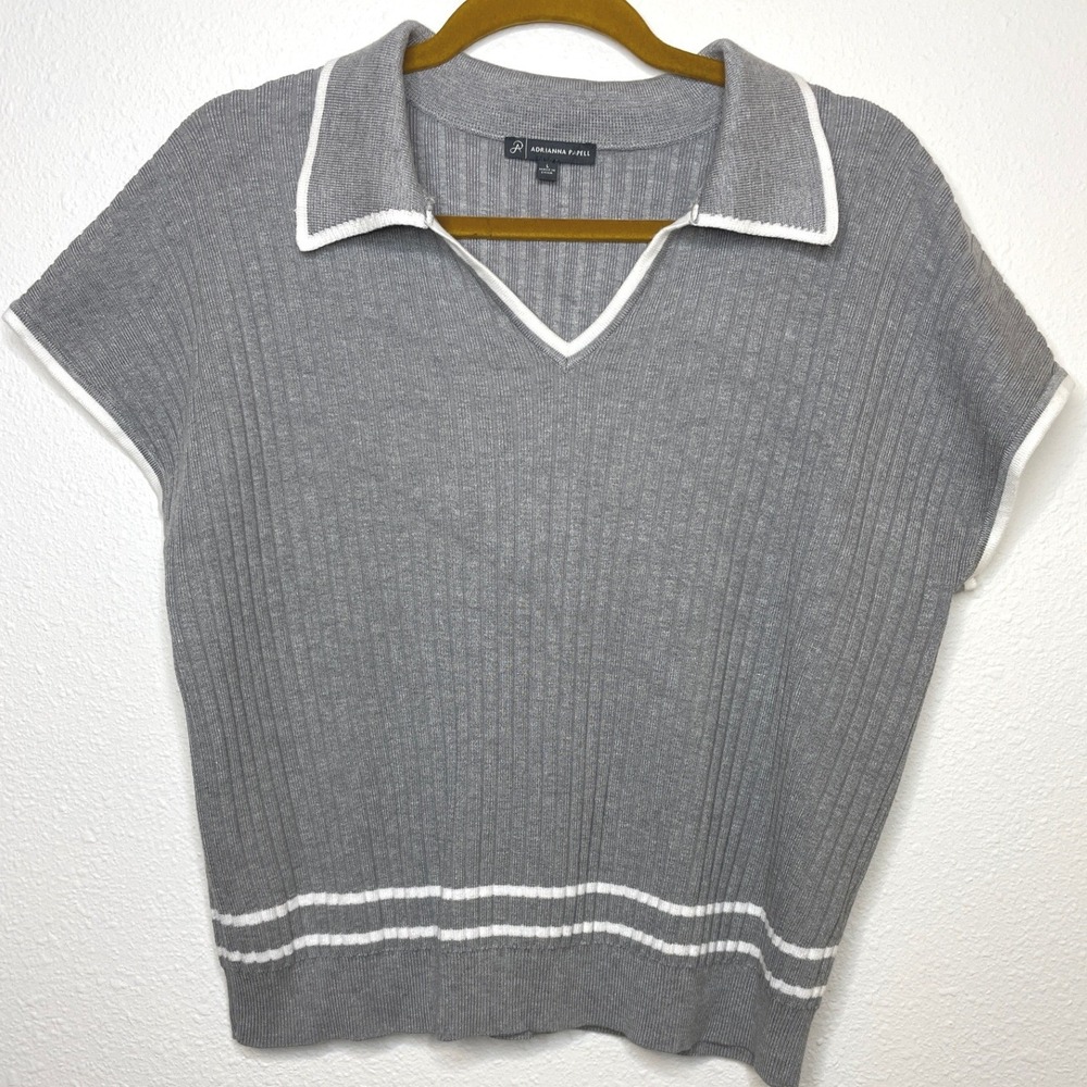 Adrianna Papell Womens Polo Shirt Ribbed Knit Short Sleeve Large Grey White